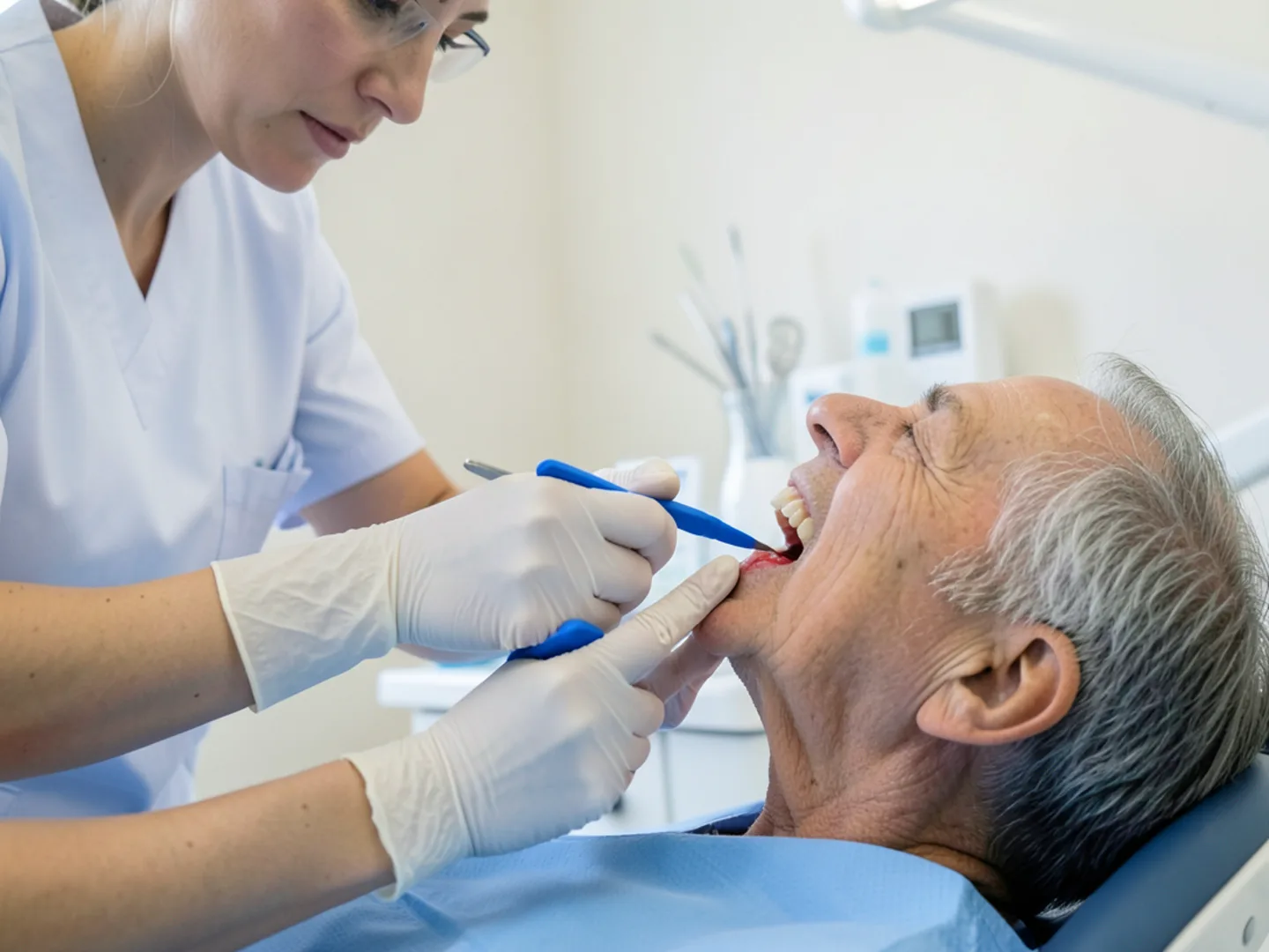 Dentist evaluating bite occlusion with blue articulating paper forceps