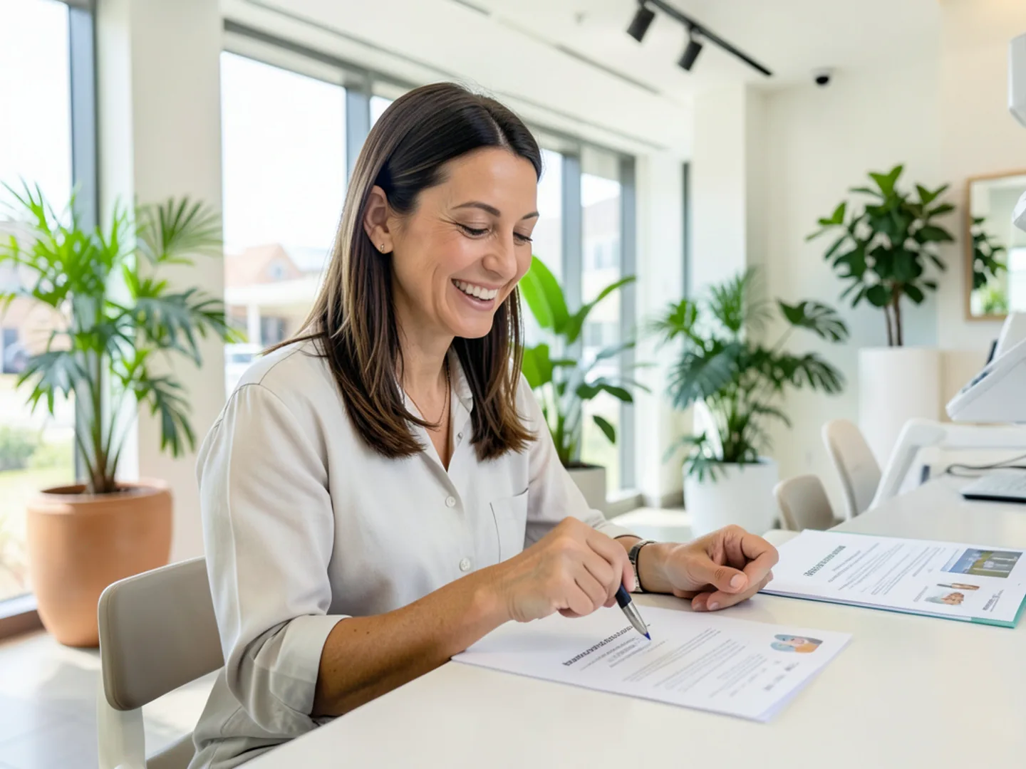 Smiling patient confirming dental appointment at sunlit reception counter