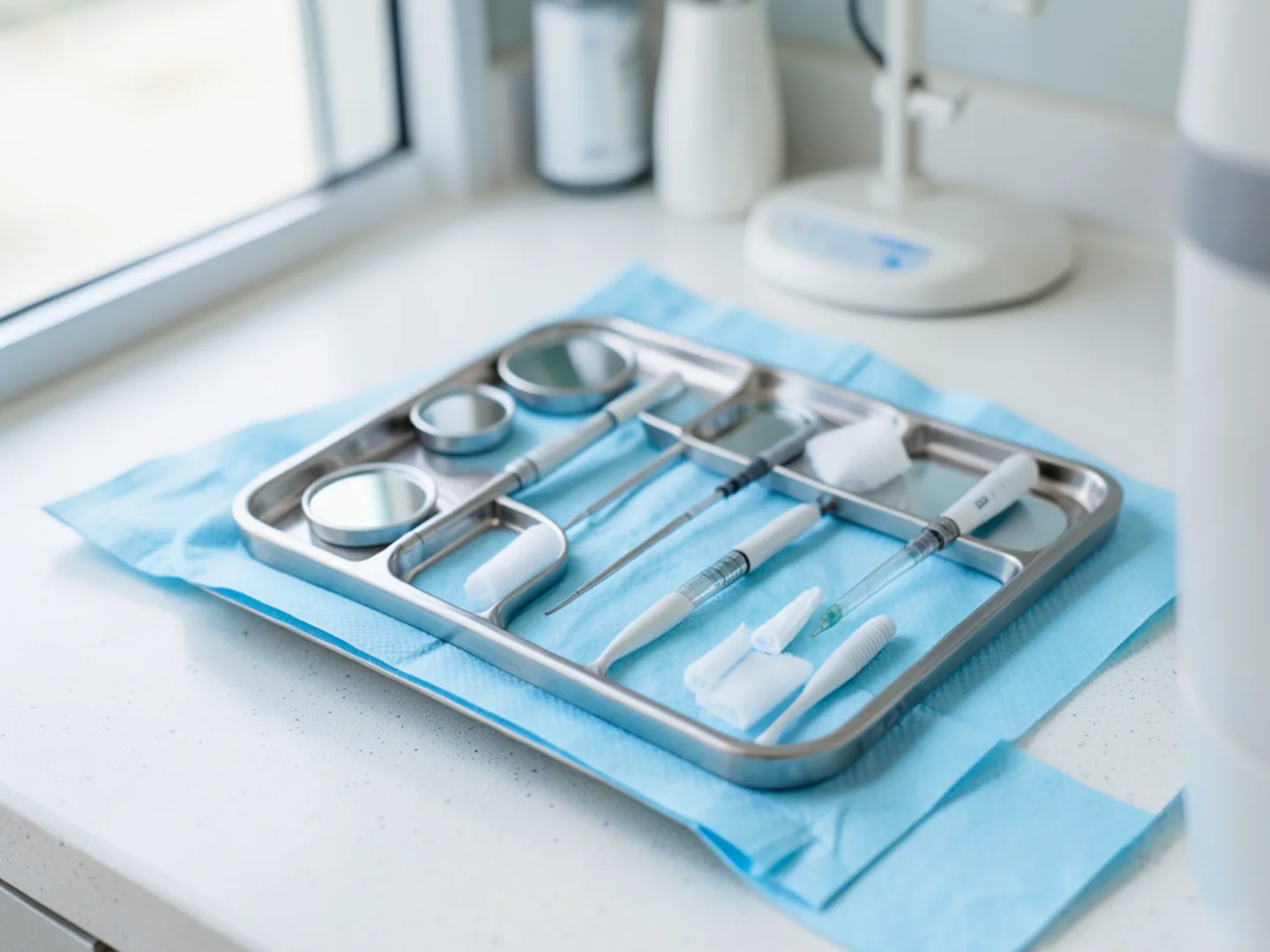 Sterile surgical tray with dental examination instruments and periodontal probes