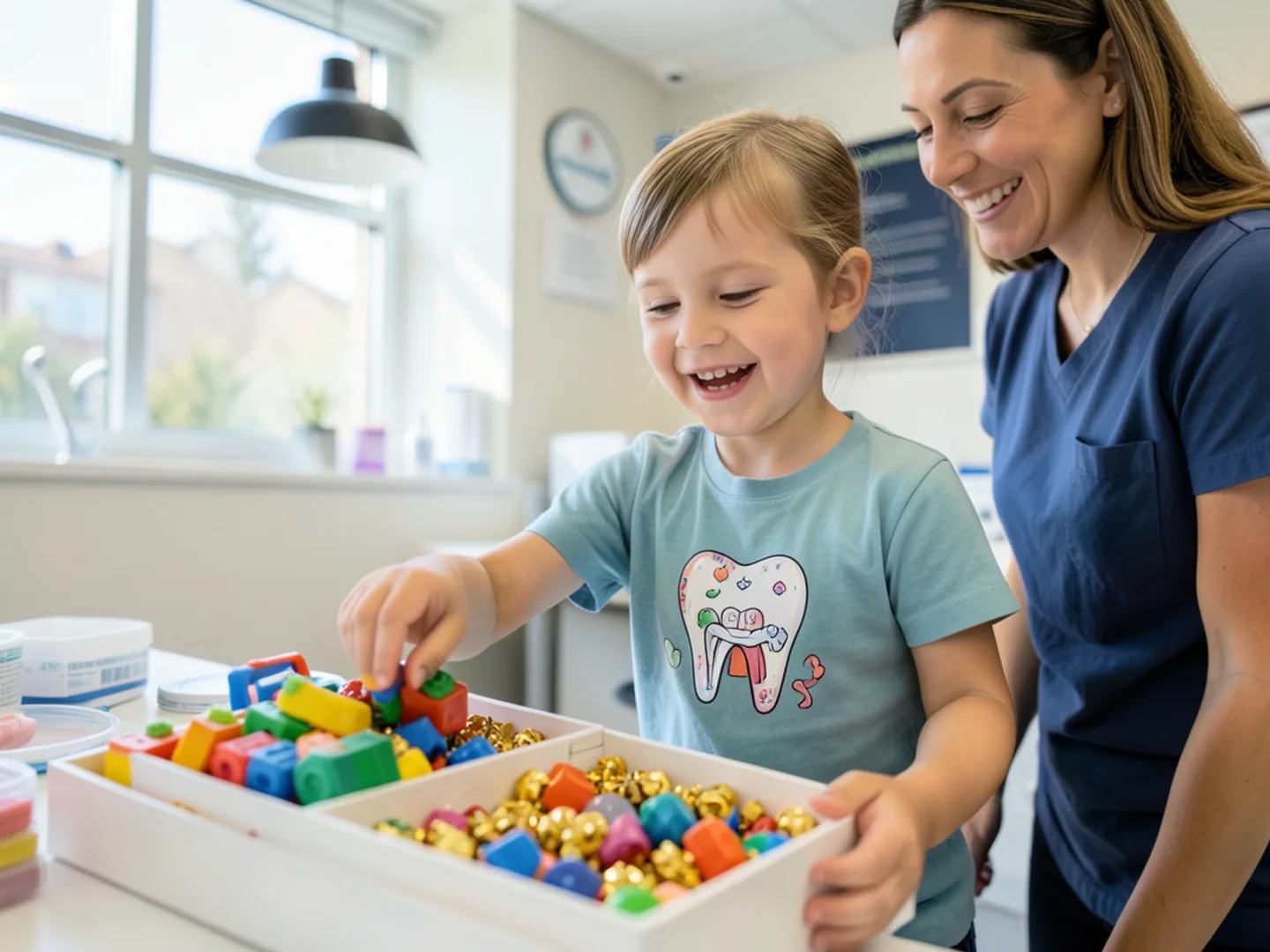 Happy child smiling proudly while choosing a toy from the clinic prize box