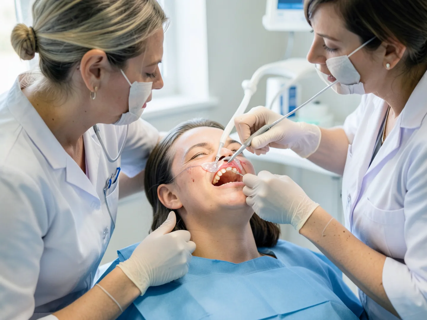 Emergency dentist placing flexible composite splint on reimplanted incisor