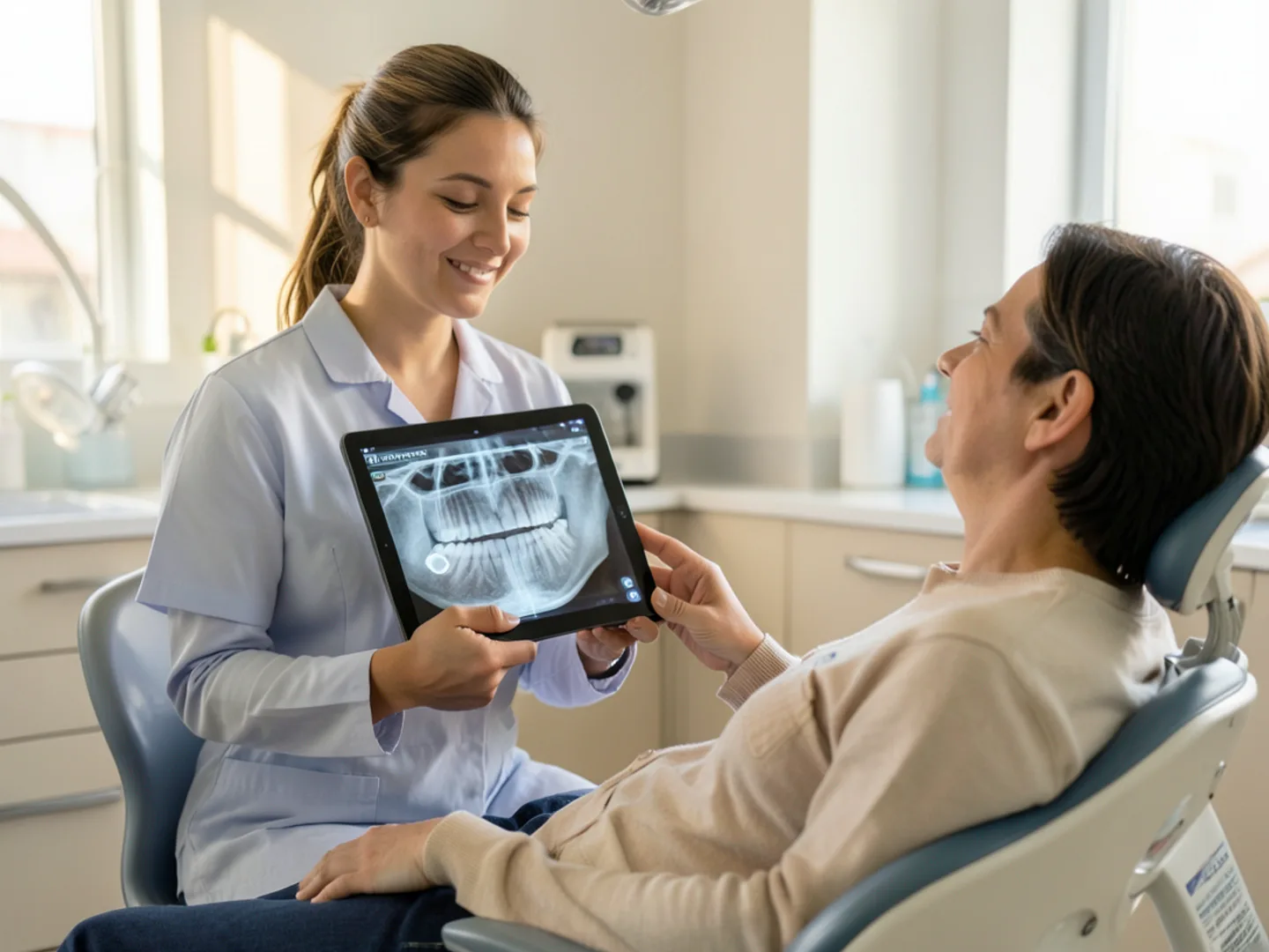 Dentist showing digital radiograph of sealed root canal to relaxed patient