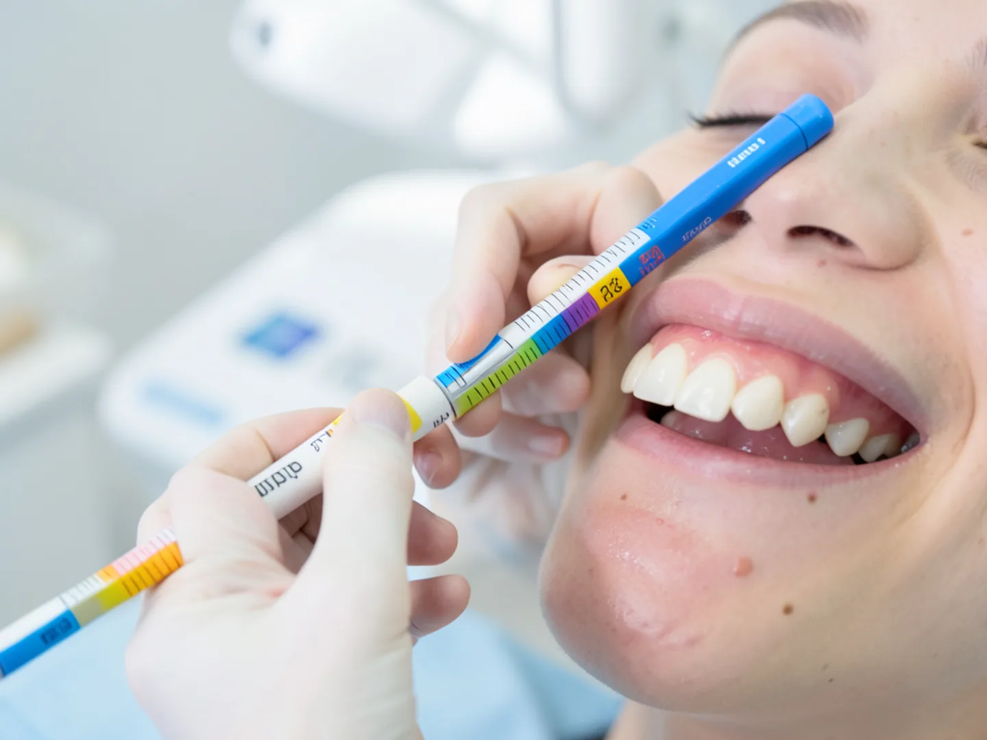 Dental hygienist recording periodontal pocket depth measurements with probe