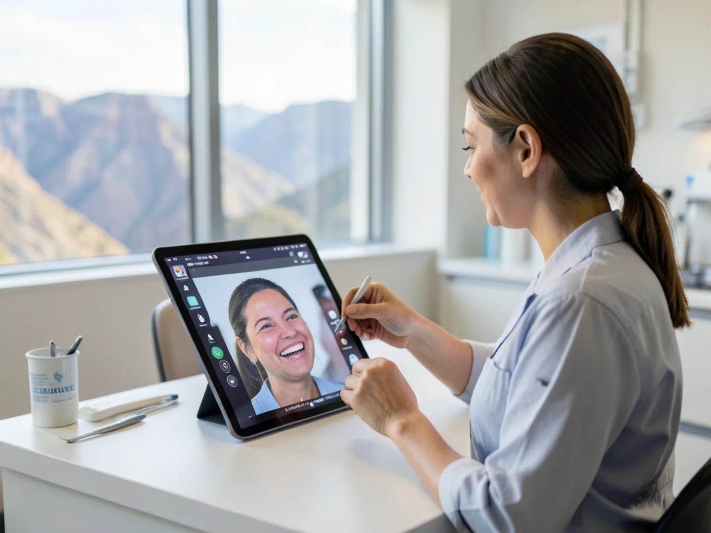 Cosmetic dentist presenting 3D smile preview on iPad Pro for Bell Canyon patient