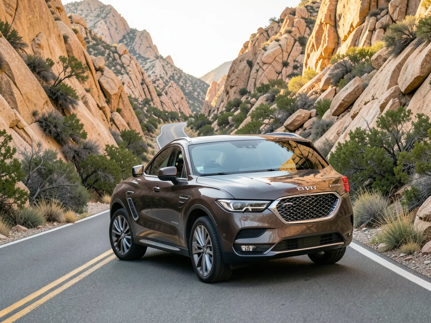 Vehicle driving along scenic sandstone canyon route in Bell Canyon community