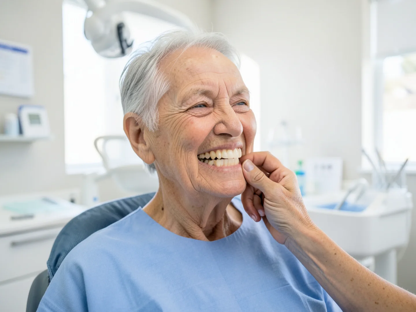 Dentist evaluating chewing bite alignment for senior patient wearing new dentures