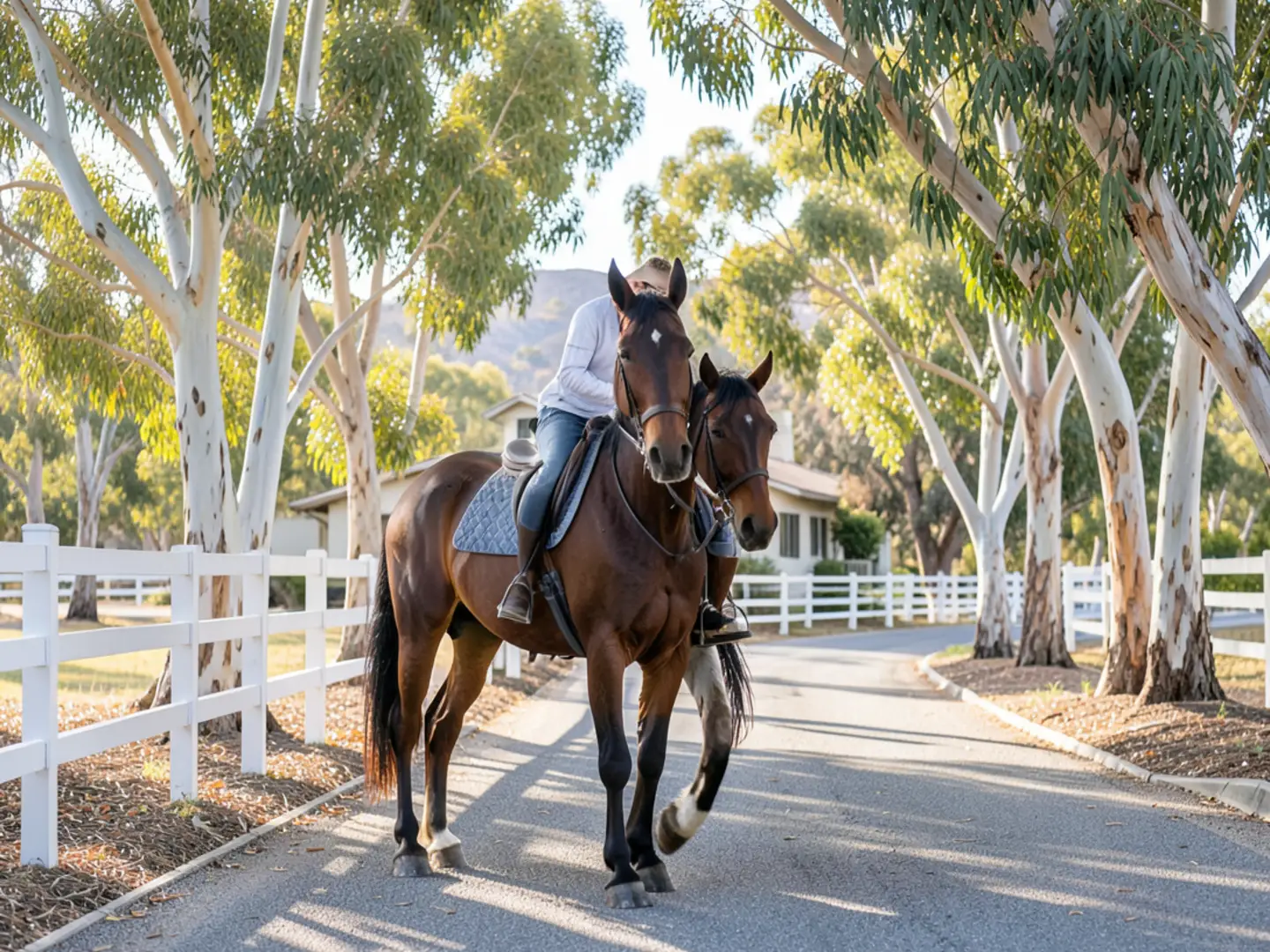 Quiet equestrian drive shaded by mature trees and ranch fencing in Hidden Hills
