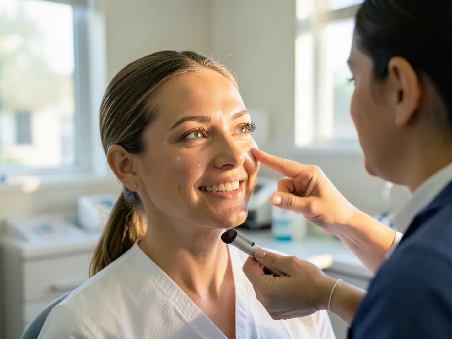 Patient checking teeth whitening and veneer shade progression in operatory mirror