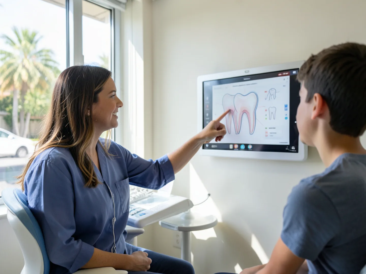Dentist reviewing digital dental radiograph with Moorpark family on screen