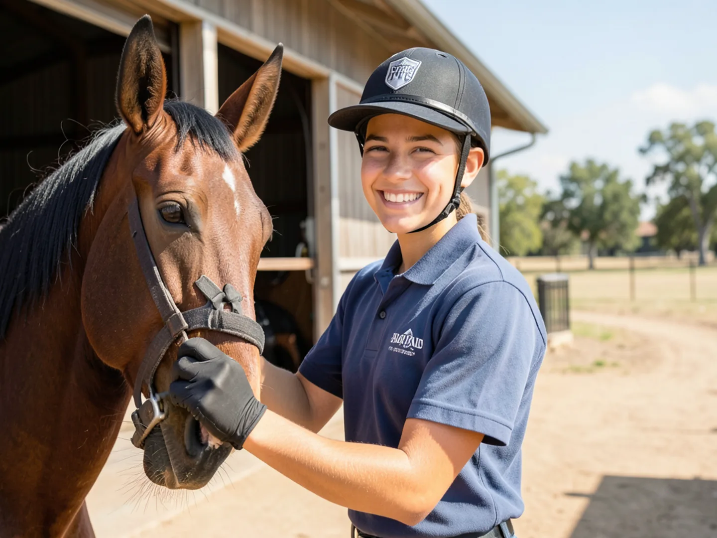 Equestrian rider smiling with healthy teeth beside horse in Santa Rosa Valley