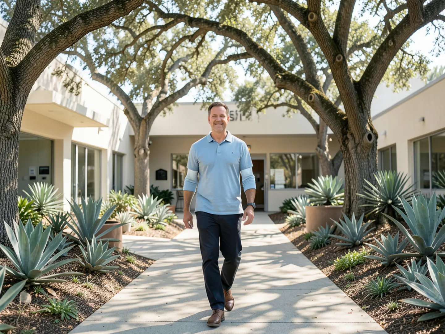 Relaxed patient walking through landscaped courtyard after dental appointment
