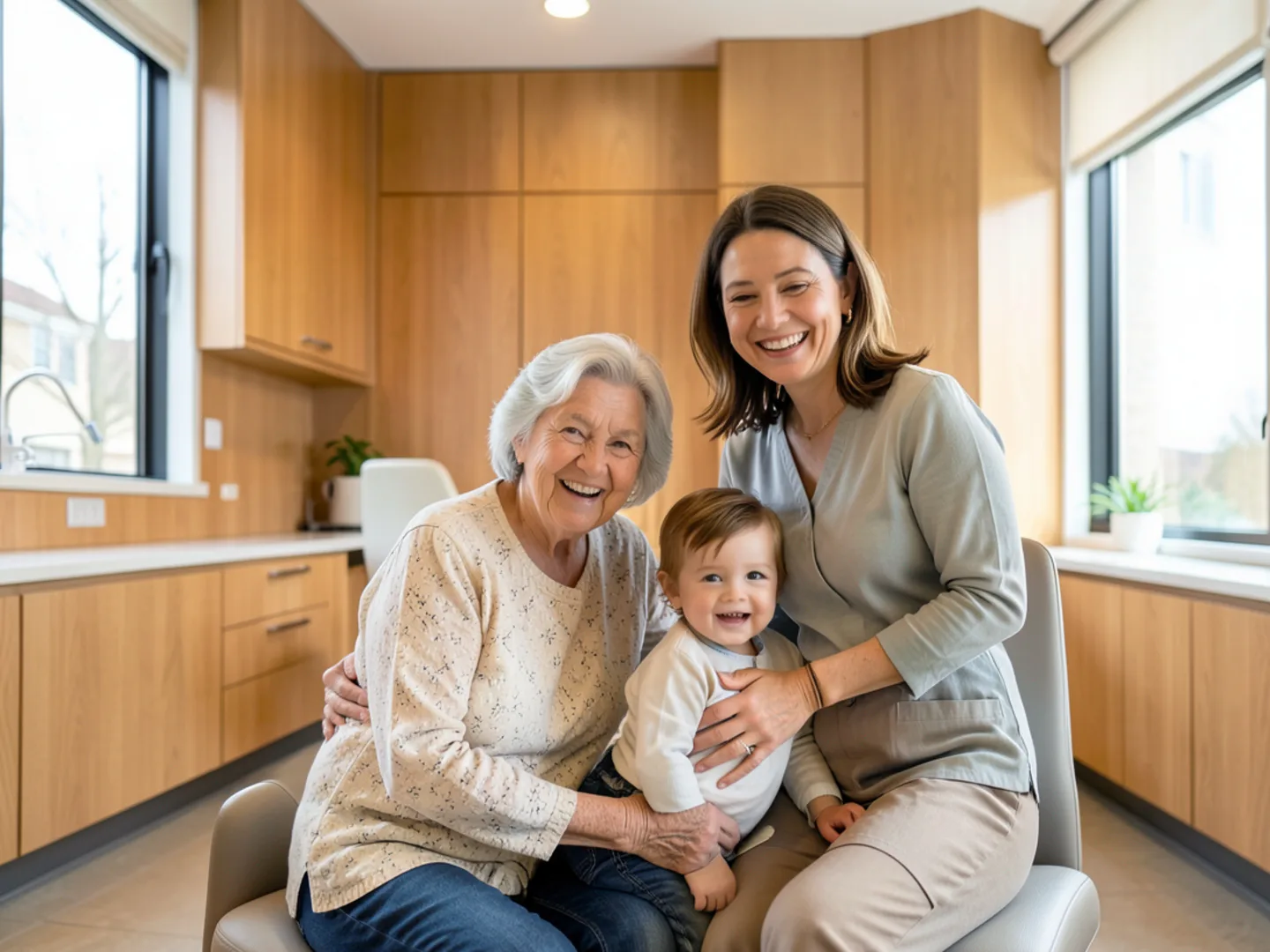 Multigenerational family smiling together in modern dental clinic reception lounge