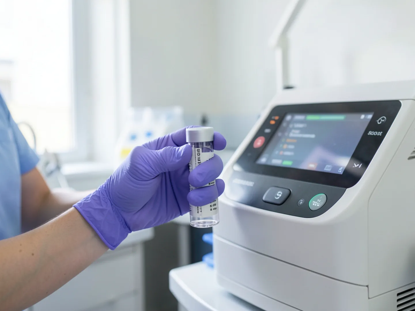 Dental assistant holding biological autoclave sterilizer spore test vial