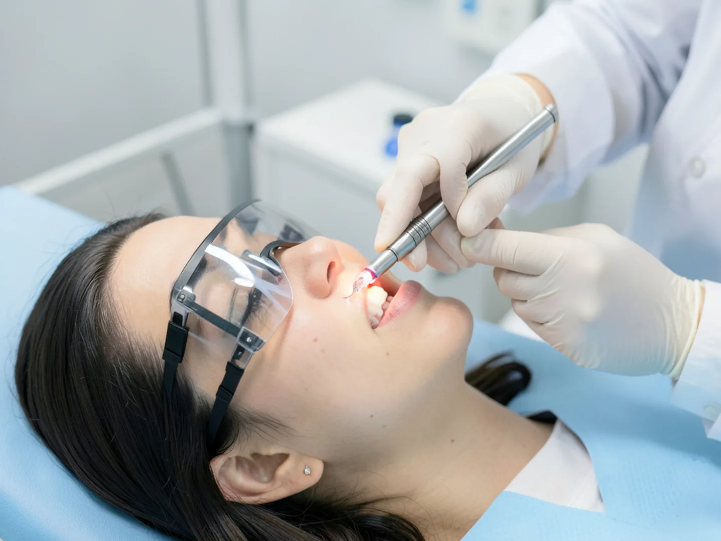 Dentist performing gentle percussion test on premolar tooth in operatory