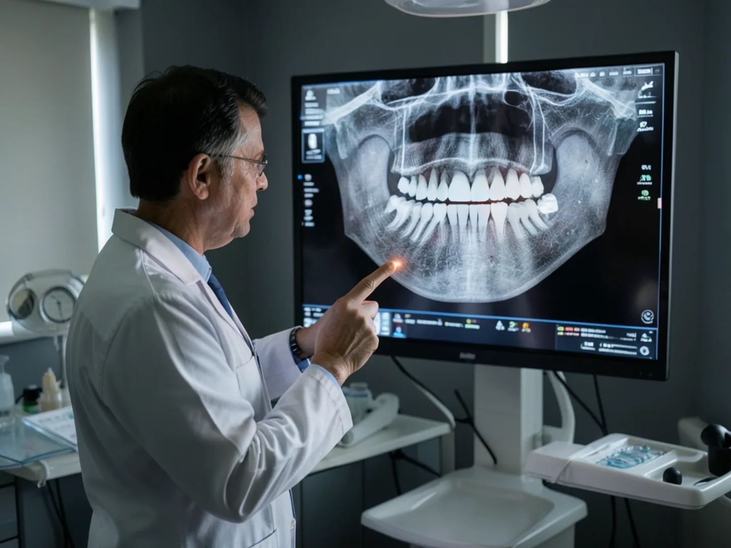 Panoramic dental radiograph showing impacted third molars near mandibular nerve